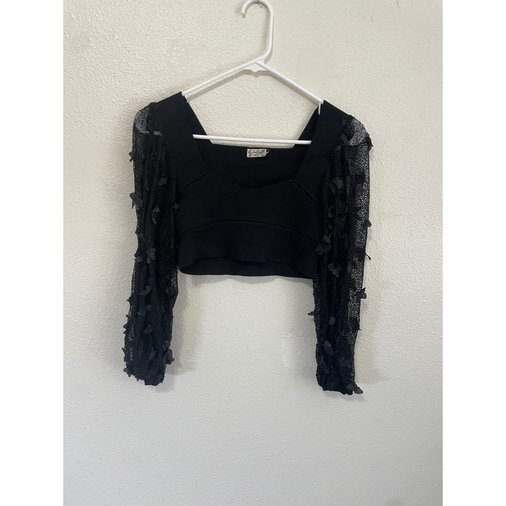 Free People Butterfly Sleeve Crop Top Womens XS Black Excellent 3D Lace Applique